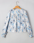 Floral Frilly Smocked Square Neck Long Sleeve Blouse