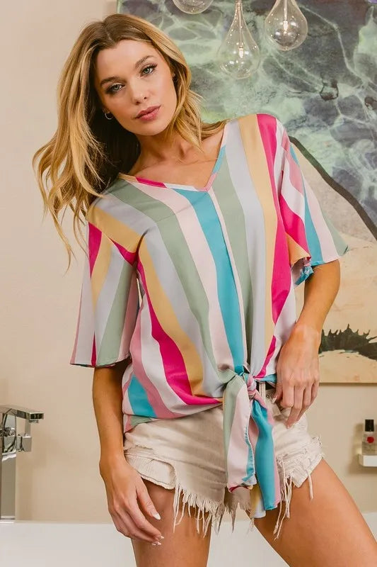 BiBi Multi Stripe Woven V Neck Top with Long Front Tie in Pink