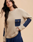 Annie Wear Contrast Round Neck Drop Shoulder Sweater with Patch Pocket