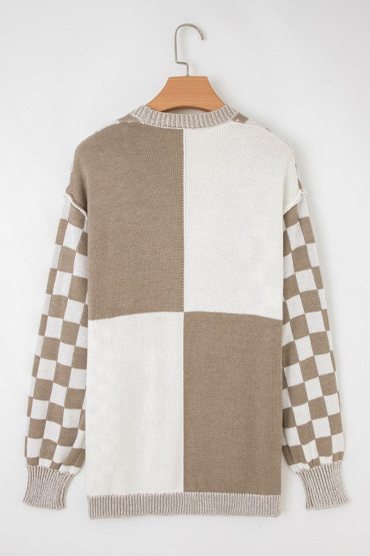 Checker Open Front Drop Shoulder Cardigan