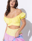 Off  Shoulder Pleated Crop Top with Back Ribbon Tie