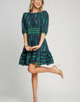 Umgee Ribbon Print Frill Contrast Velvet Trim Half Sleeve Dress