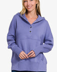 Zenana Half Snap Long Sleeve Hoodie with Kangaroo Pocket