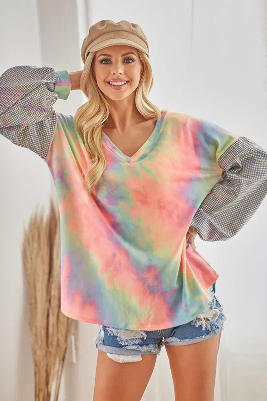 BiBi V Neck Tie Dye French Terry Top with Shiny