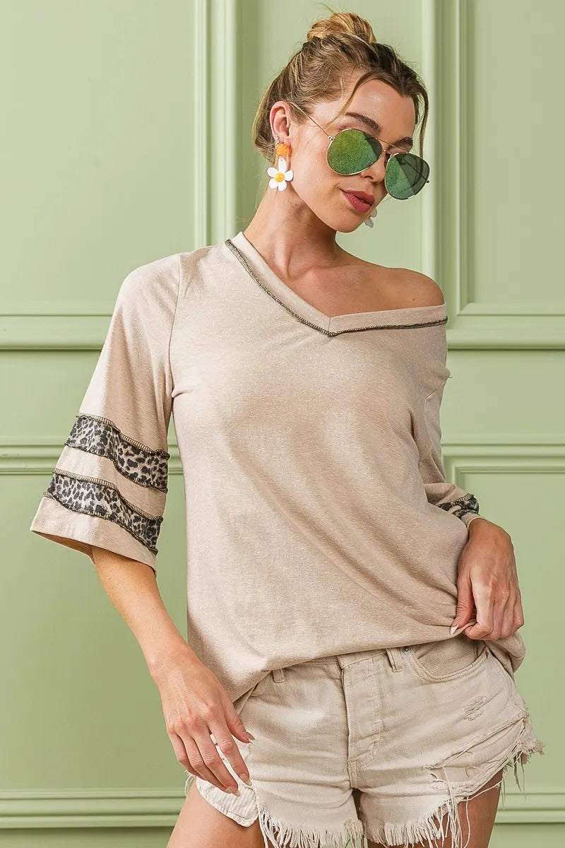 BiBi Triblend Knit Top with Leopard Band Detail in Oatmeal
