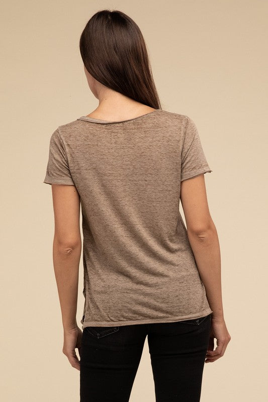 ZENANA Washed Melange Burnout Scoop V-Neck Top