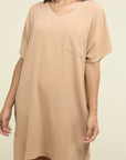 Zenana Woven Airflow V Neck T-Shirt Dress with Pockets