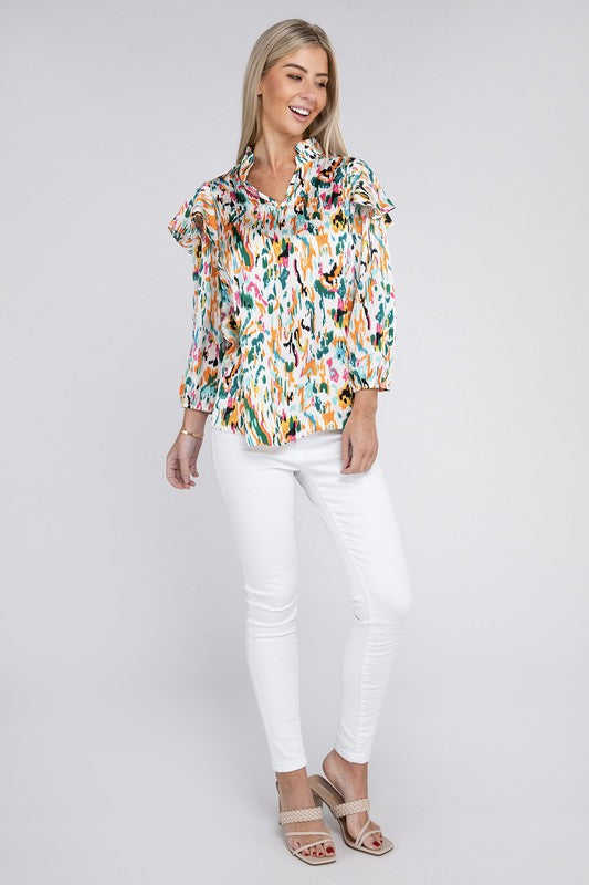 Multicolor Print Ruffle Blouse