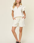 Double Take Full Size Texture Flounce Sleeve Top and Drawstring Shorts Set