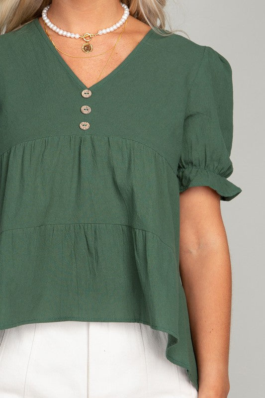 Button Front Puff Sleeve Blouse - Online Only