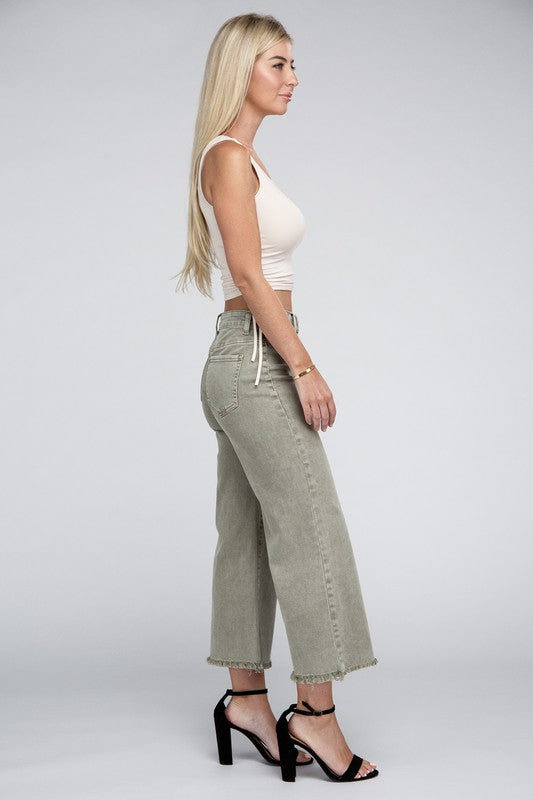 Zenana Acid Washed High Waist Frayed Hem Straight Pants