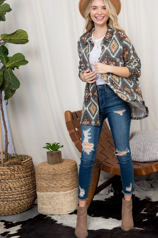 e Luna PLUS Fuzzy Aztec Button Down Shacket