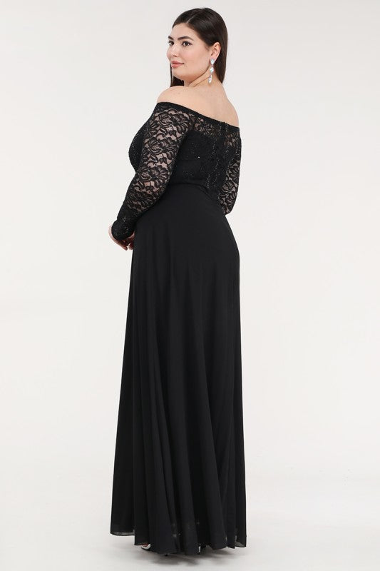 La Scala Plus Size Long Sleeve Lace and Chiffon Gown