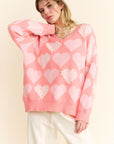 Davi & Dani Heart Pearl Side Slit V Neck Sweater