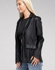 Sleek Pu Leather Blazer with Front Closure