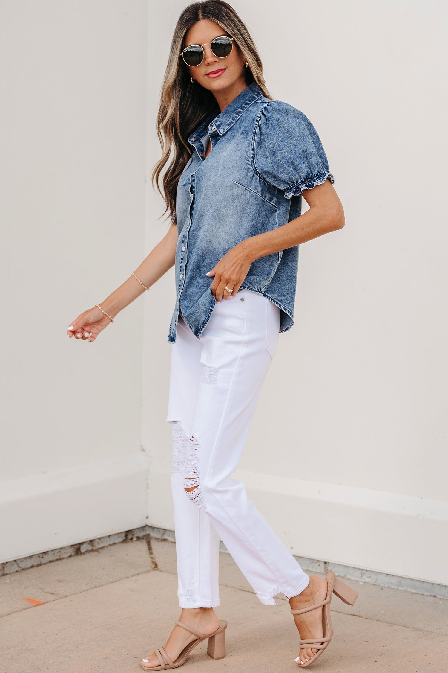 Denim Frilled Short Sleeve Snap Button Shirt