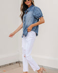 Denim Frilled Short Sleeve Snap Button Shirt