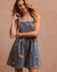 BiBi Flower Printed Wide Strap Denim Overalls