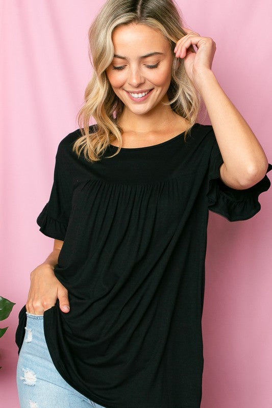 e Luna Solid Ruffled Sleeve Baby Doll Top