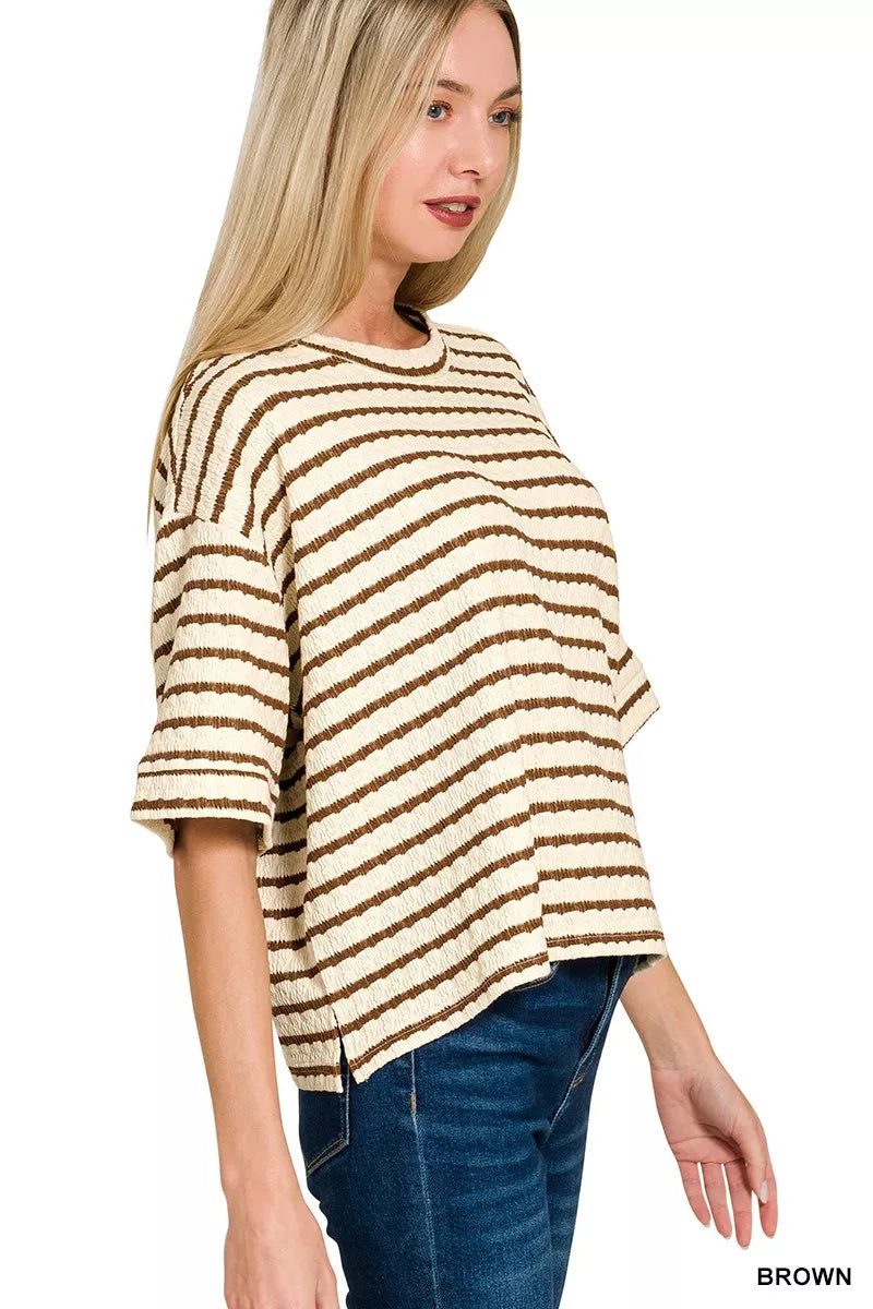 Zenana Striped Short Sleeve Tee & Shorts Set in Brown