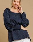 Umgee Wrinkled Round Neck Lantern Sleeve Blouse