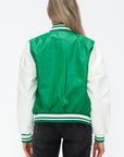 Love Me Now PU Leather Contrast Snap Down Bomber Jacket