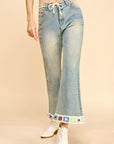 Davi & Dani Crochet Trim Flare Jeans with Pockets