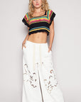 POL Openwork Ethnic Pattern Square Neck Cropped Knit Top