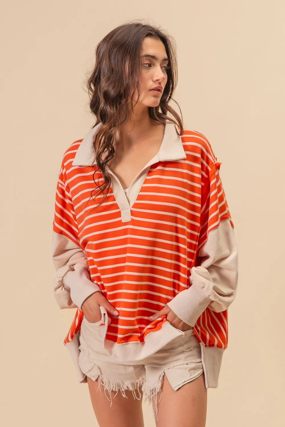 BiBi Stripe Knit Loose Fit Top With Cut Edge Detail in Orange