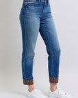 Judy Blue Full Size Plaid Print Cuff Straight Leg Jeans with Pockets