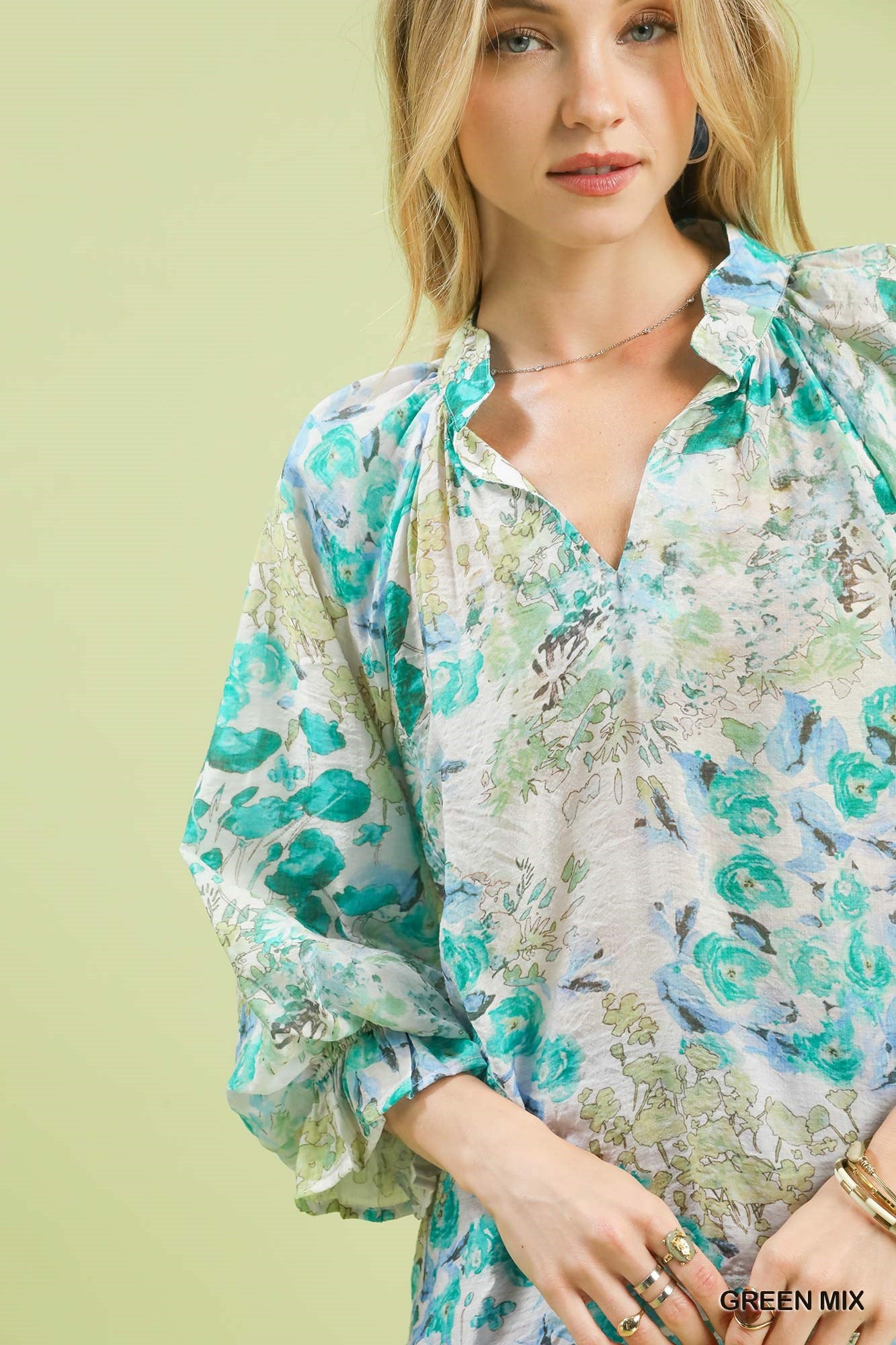 Umgee Watercolor Floral Blouse with Flounce Sleeve