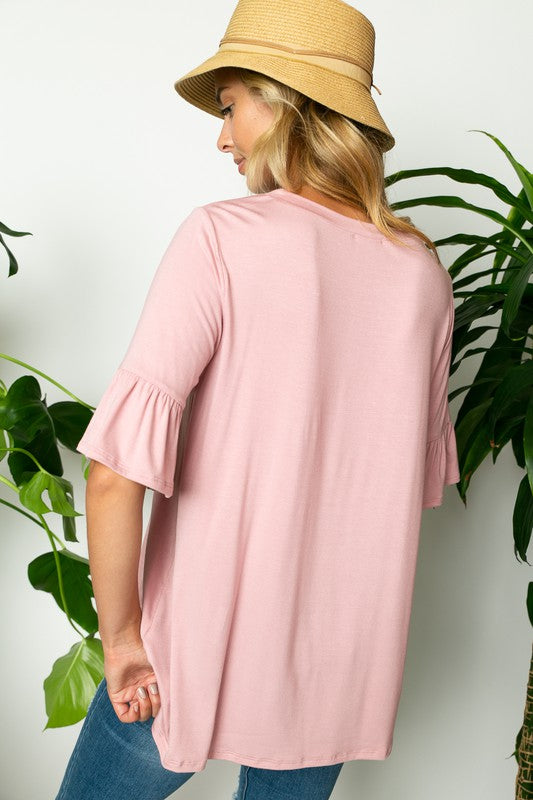 e Luna PLUS Solid Ruffled Sleeve Loose Top