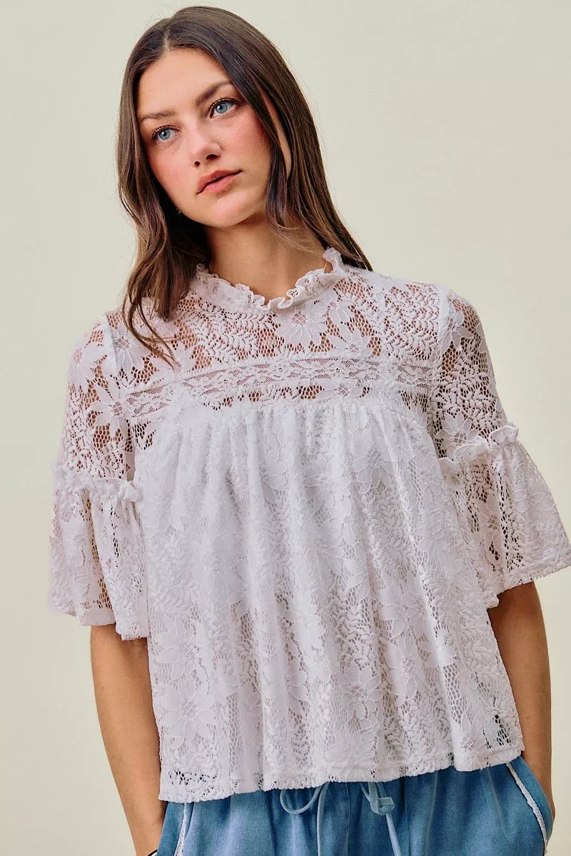 SO ME Lace Ruffled Short Sleeves Swing Top