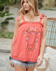 Davi & Dani Embroidered Sleeveless Ruffle Tank Top