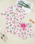 Stripe Strawberry Lapel Shirt & Drawstring Shorts Set