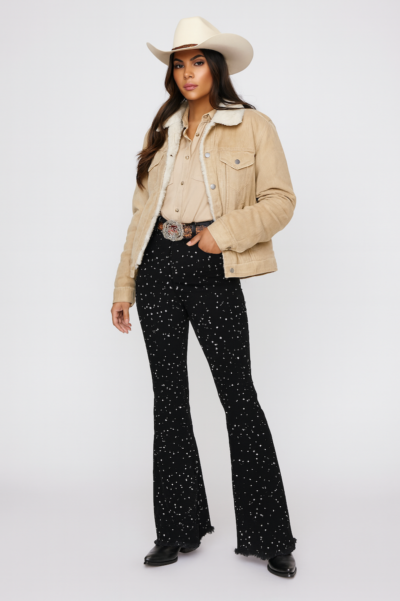 GJG Denim Vegas Glam Rhinestone Bell Bottom Jeans — Black