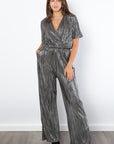 Be Stage Surplice Short Sleeve Pleated Foil Jumpsuit