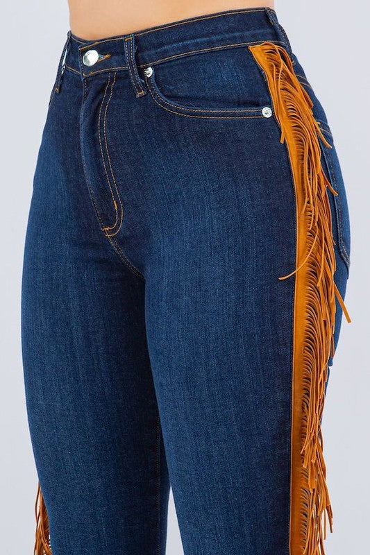 GJG Denim Fringe Bell Bottom in Dark Blue