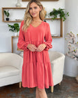 Double Take Full Size V-Neck Balloon Sleeve Tiered Dress with Pockets