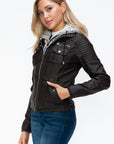 YMI Removable Faux Layered Multi-Pocket Jacket with Fuzzy Hood