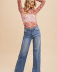 Annie Wear Floral Lettuce Hem Sheer Mesh Top