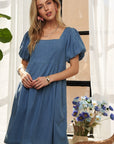 ADORA Square Neck Puff Sleeve Denim Dress