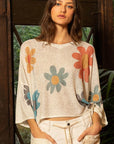 POL Flower Dropped Shoulder Long Sleeve Knit Top