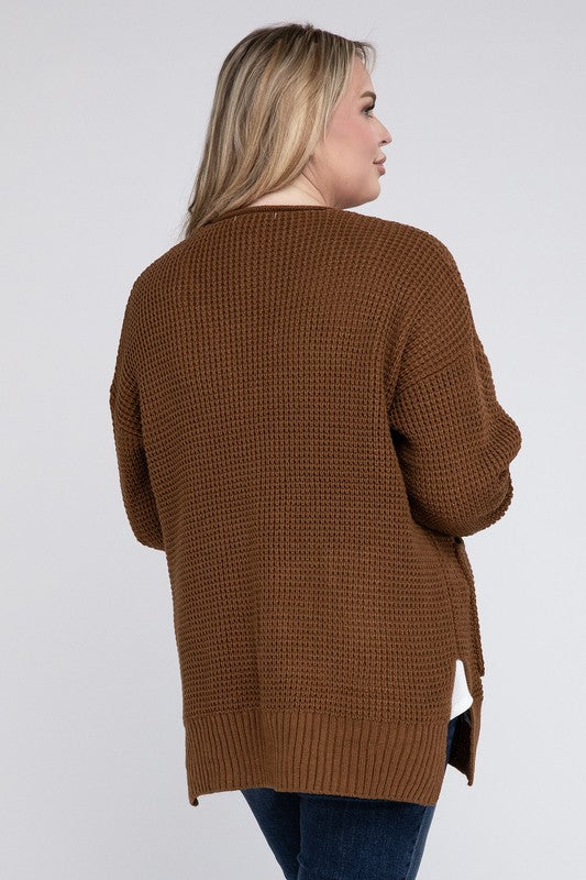ZENANA Plus Low Gauge Waffle Open Cardigan Sweater
