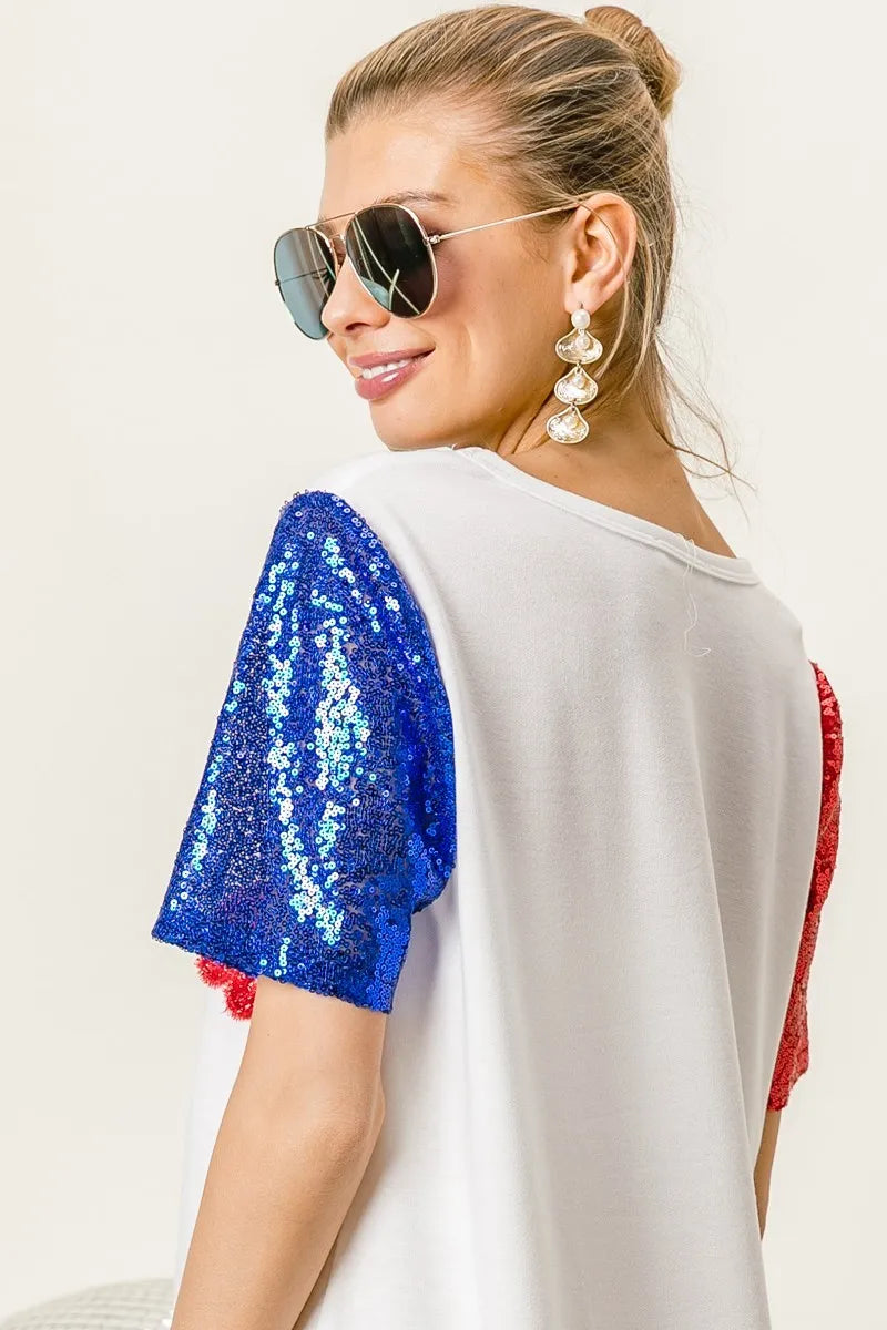 BiBi Metallic Letter V-neck Sequin Sleeves Top in Cream