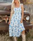 Floral Shirred Bodice Knot Shoulder Maxi Dress