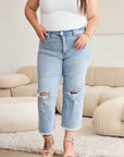 Sz 18W RFM Tummy Control High Waist Raw Hem Distressed Jeans