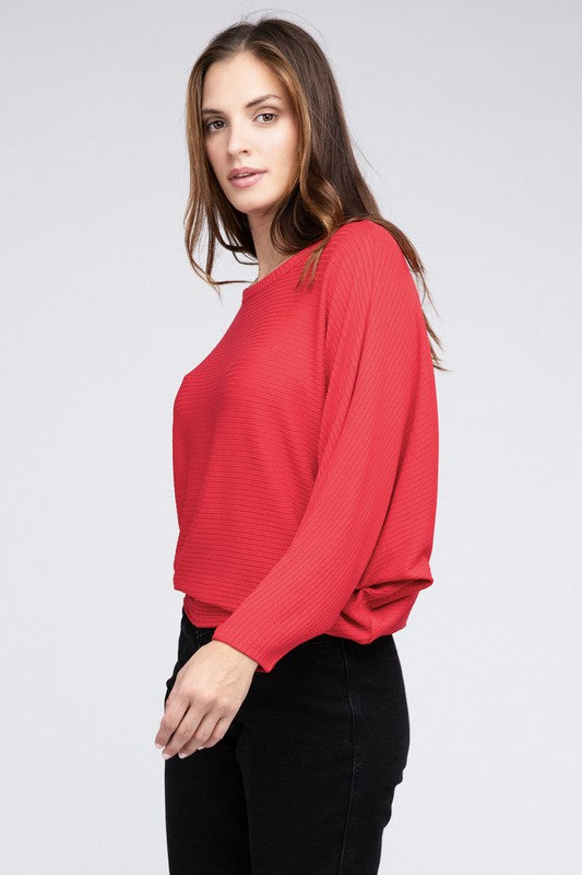 Zenana Ribbed Batwing Long Sleeve Boat Neck Sweater