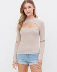 Ribbed Fitted Long Sleeve Top with Chest Cutout