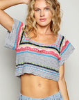 POL Openwork Ethnic Pattern Square Neck Cropped Knit Top